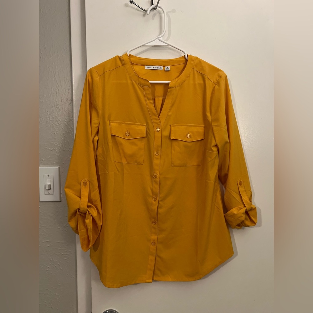 Notations Yellow Button Down Shirt with Mandarin Collar and 3/4 Sleeves